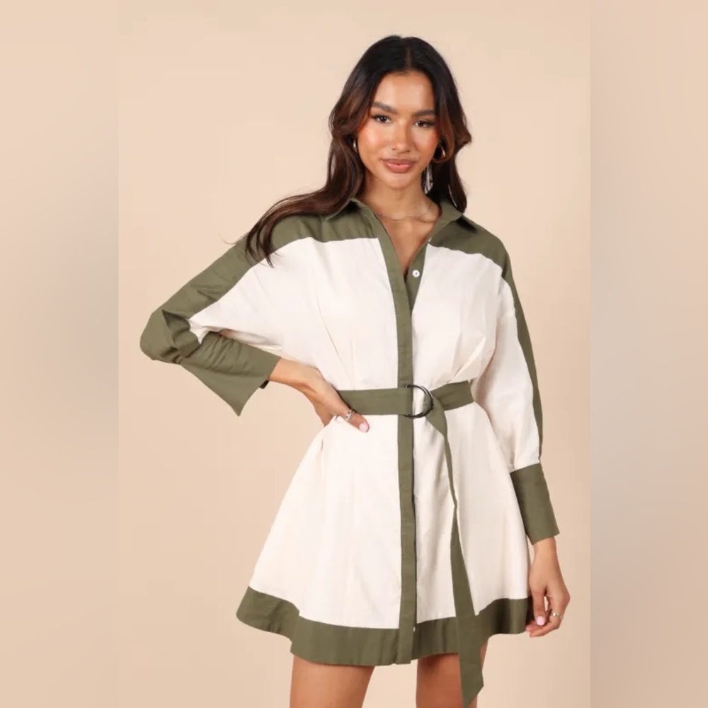 Petal & Pup Olive Green Cream Mini Belted Dress